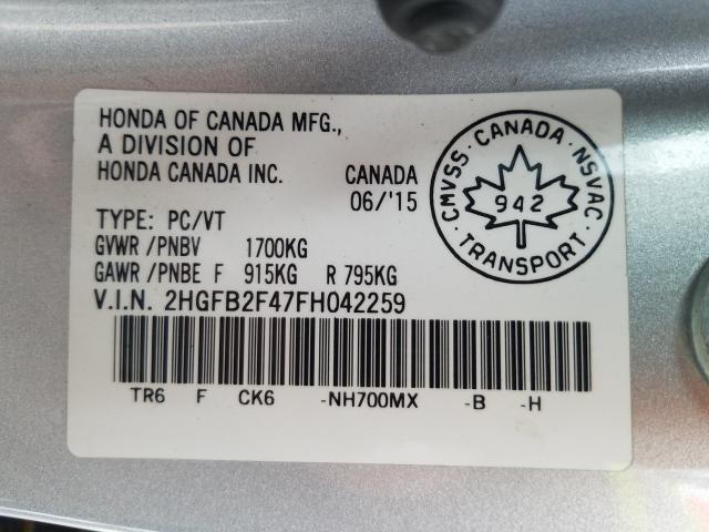 Photo 9 VIN: 2HGFB2F47FH042259 - HONDA CIVIC LX 