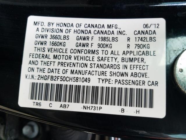 Photo 9 VIN: 2HGFB2F50CH581049 - HONDA CIVIC LX 