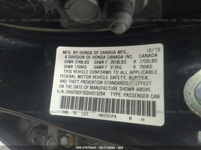 Photo 8 VIN: 2HGFB2F50DH515294 - HONDA CIVIC SDN 