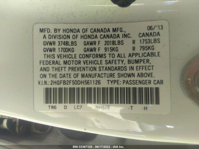 Photo 8 VIN: 2HGFB2F50DH561126 - HONDA CIVIC SDN 