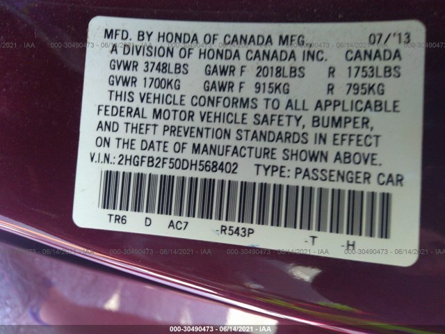 Photo 8 VIN: 2HGFB2F50DH568402 - HONDA CIVIC SDN 