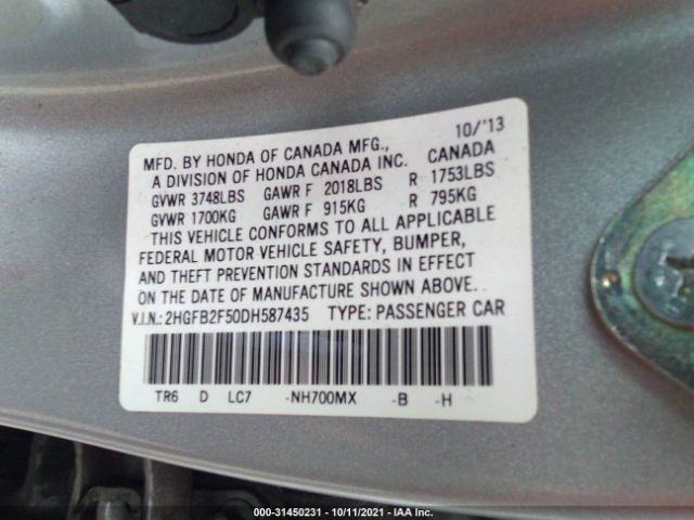 Photo 8 VIN: 2HGFB2F50DH587435 - HONDA CIVIC SDN 