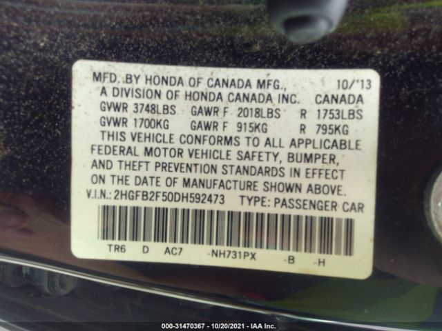 Photo 8 VIN: 2HGFB2F50DH592473 - HONDA CIVIC SDN 