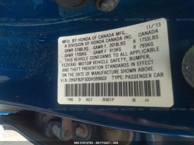 Photo 8 VIN: 2HGFB2F50DH599603 - HONDA CIVIC SDN 