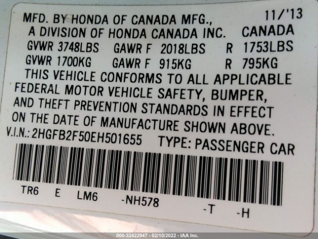 Photo 8 VIN: 2HGFB2F50EH501655 - HONDA CIVIC SEDAN 