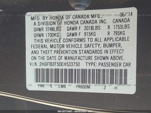 Photo 8 VIN: 2HGFB2F50EH533750 - HONDA CIVIC SEDAN 