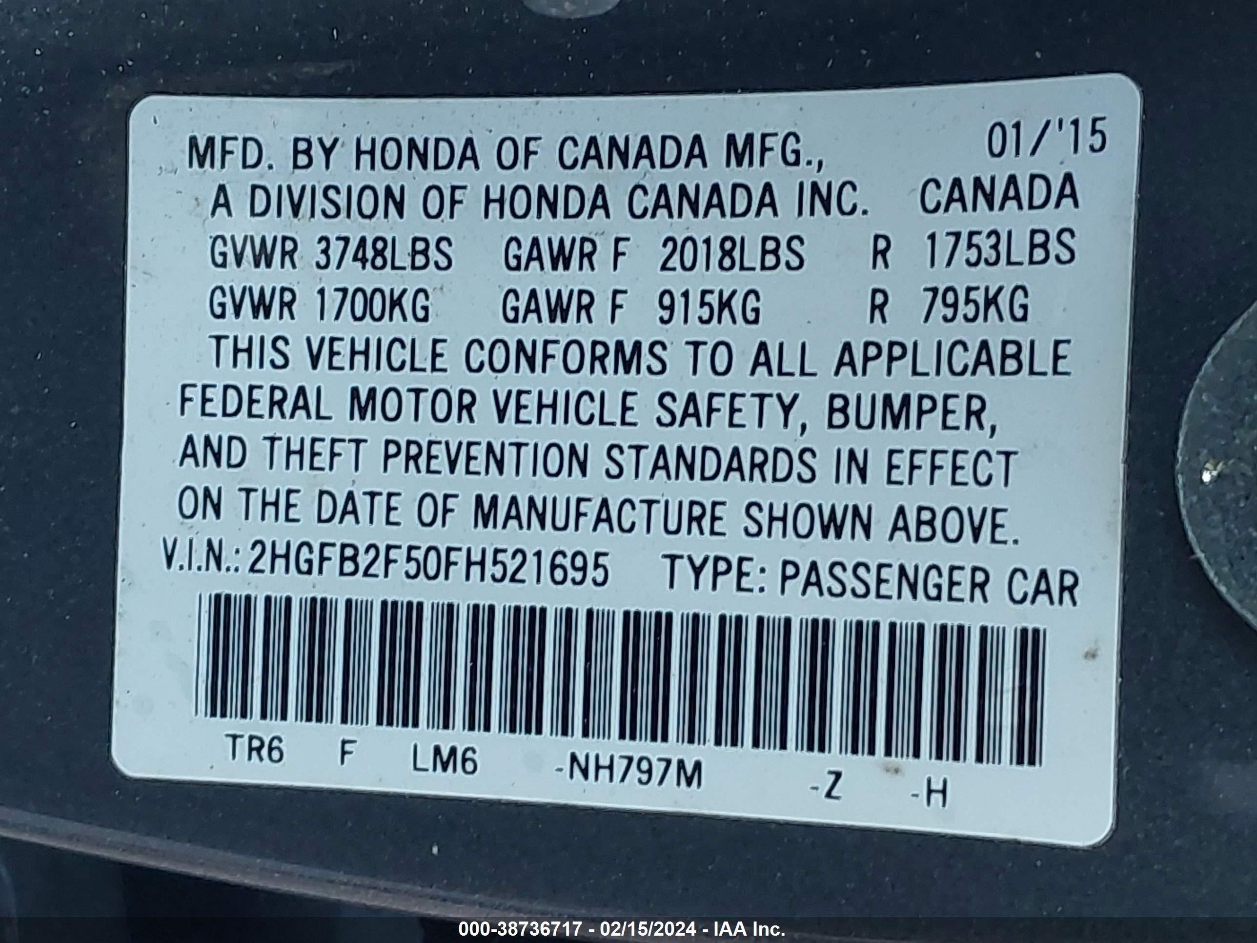 Photo 8 VIN: 2HGFB2F50FH521695 - HONDA CIVIC 