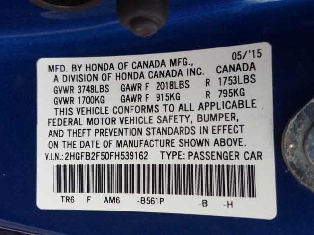 Photo 9 VIN: 2HGFB2F50FH539162 - HONDA CIVIC LX 