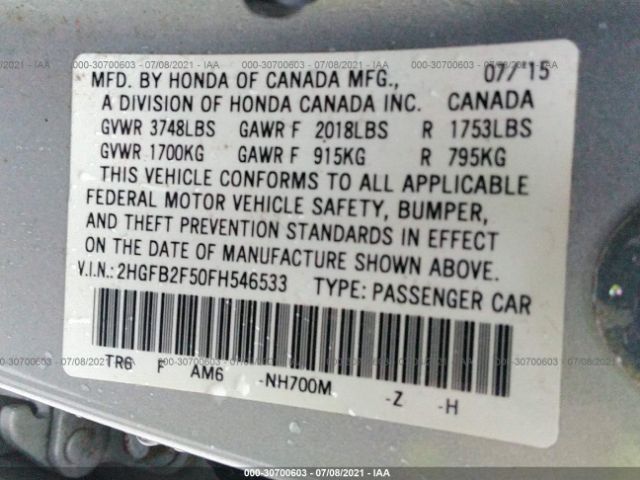 Photo 8 VIN: 2HGFB2F50FH546533 - HONDA CIVIC SEDAN 