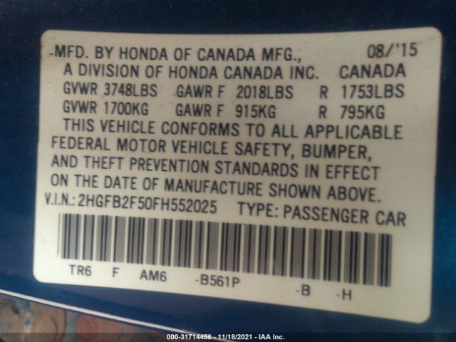 Photo 8 VIN: 2HGFB2F50FH552025 - HONDA CIVIC SEDAN 