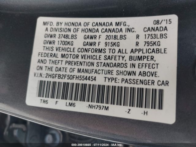 Photo 8 VIN: 2HGFB2F50FH554454 - HONDA CIVIC 