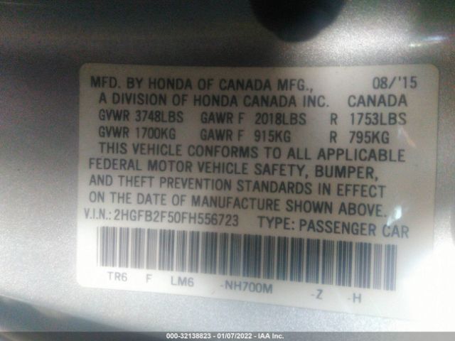 Photo 8 VIN: 2HGFB2F50FH556723 - HONDA CIVIC SEDAN 