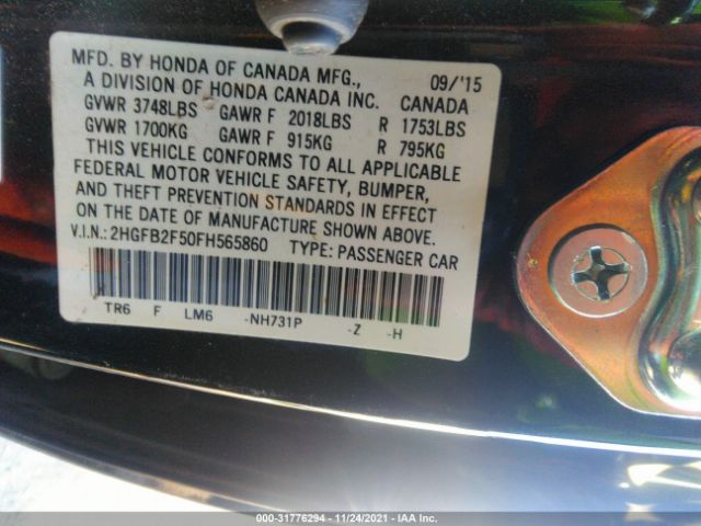 Photo 8 VIN: 2HGFB2F50FH565860 - HONDA CIVIC SEDAN 