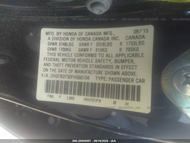 Photo 8 VIN: 2HGFB2F50FH566104 - HONDA CIVIC SEDAN 