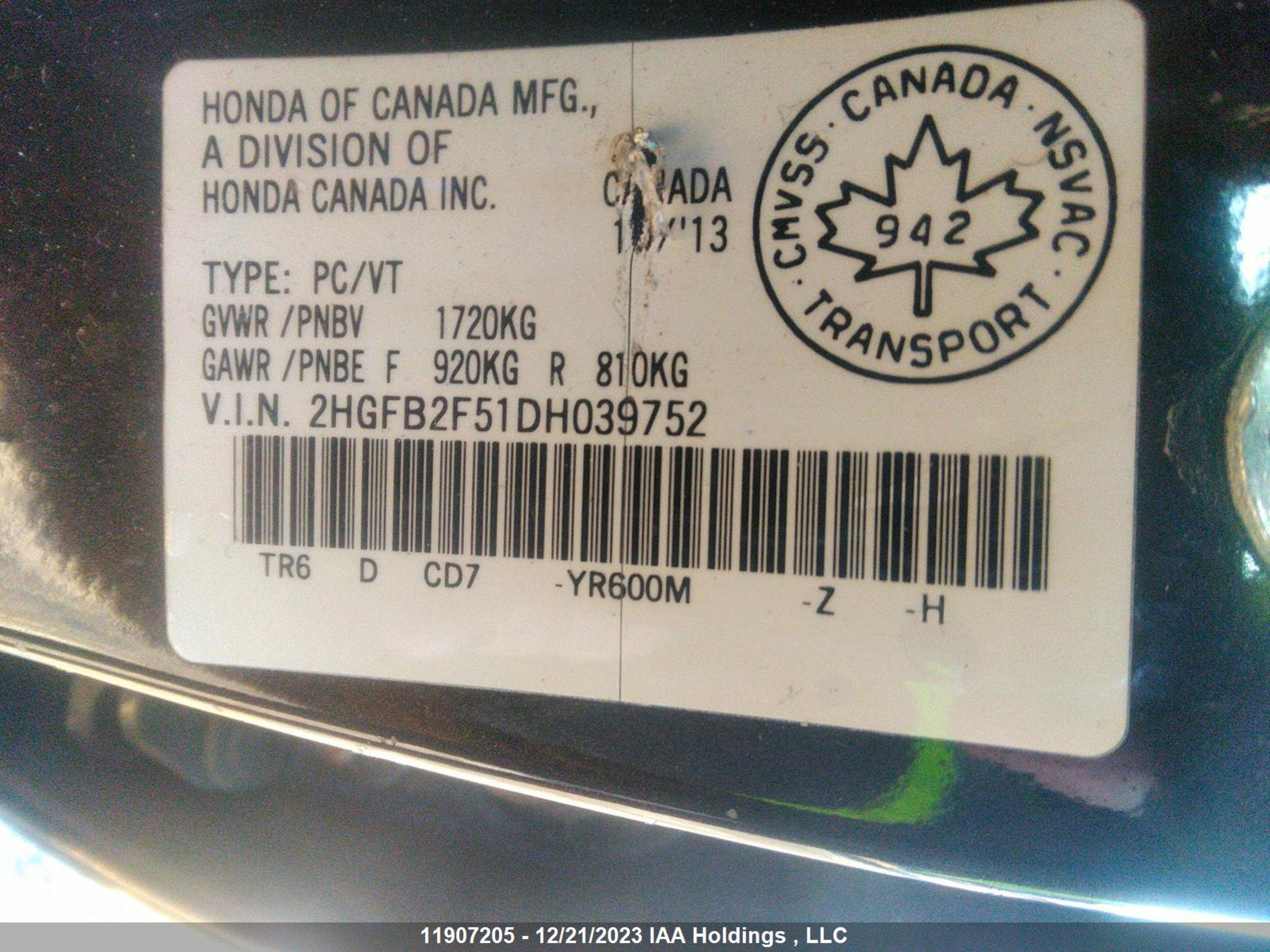 Photo 8 VIN: 2HGFB2F51DH039752 - HONDA CIVIC 