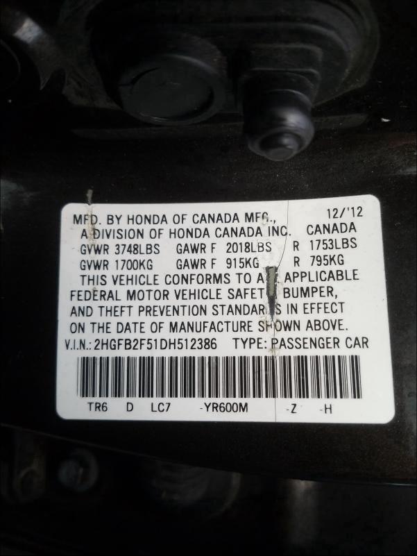 Photo 9 VIN: 2HGFB2F51DH512386 - HONDA CIVIC LX 