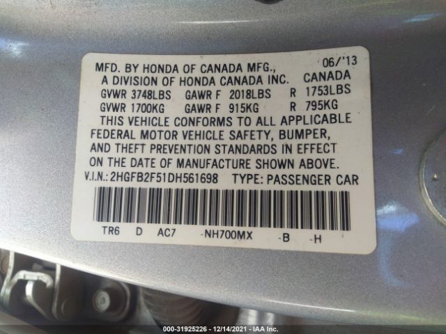 Photo 8 VIN: 2HGFB2F51DH561698 - HONDA CIVIC SDN 