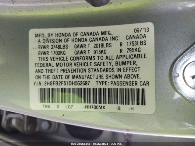 Photo 8 VIN: 2HGFB2F51DH562687 - HONDA CIVIC 