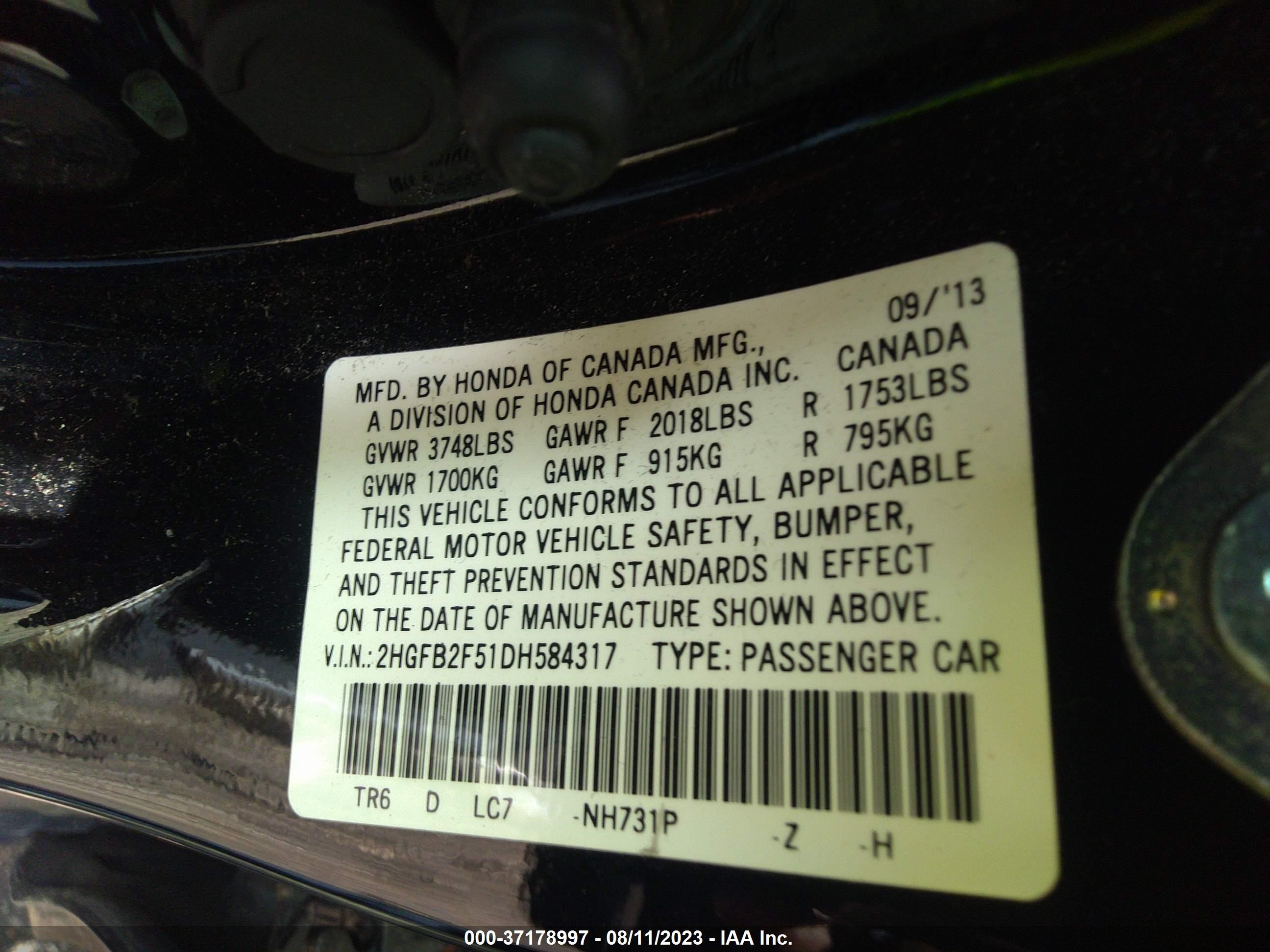 Photo 8 VIN: 2HGFB2F51DH584317 - HONDA CIVIC 