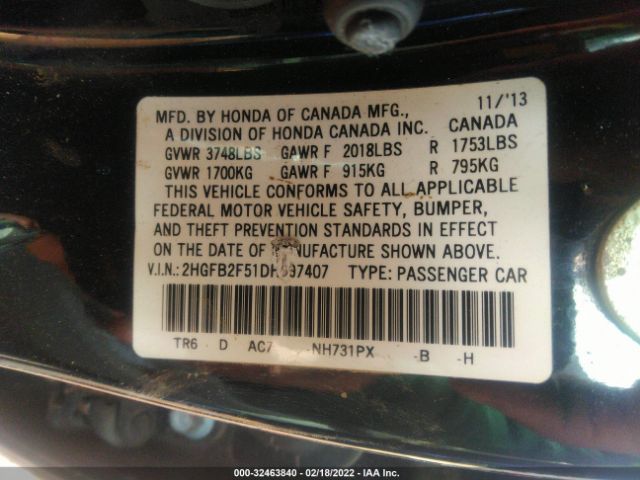 Photo 8 VIN: 2HGFB2F51DH597407 - HONDA CIVIC SDN 