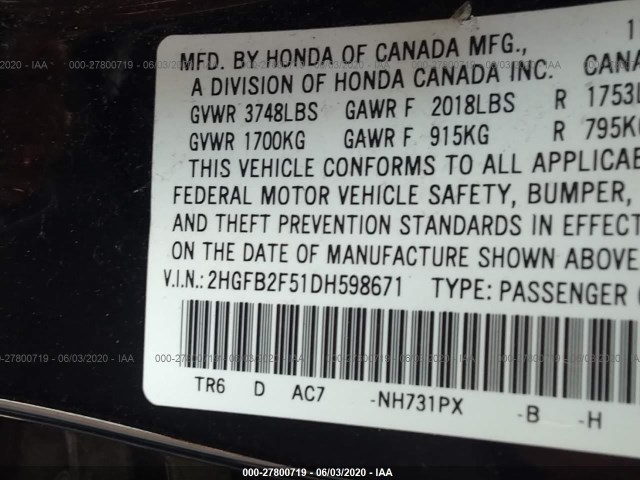 Photo 8 VIN: 2HGFB2F51DH598671 - HONDA CIVIC SDN 