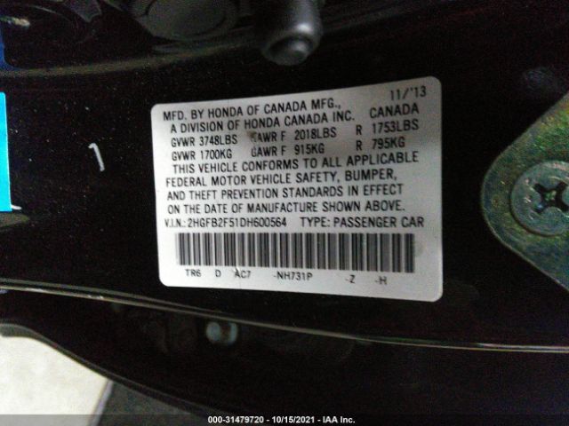 Photo 8 VIN: 2HGFB2F51DH600564 - HONDA CIVIC SDN 