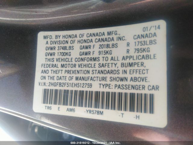 Photo 8 VIN: 2HGFB2F51EH512759 - HONDA CIVIC SEDAN 