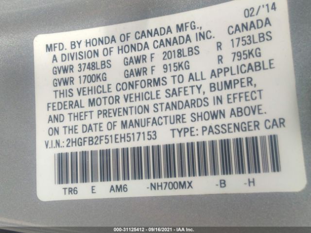 Photo 8 VIN: 2HGFB2F51EH517153 - HONDA CIVIC SEDAN 