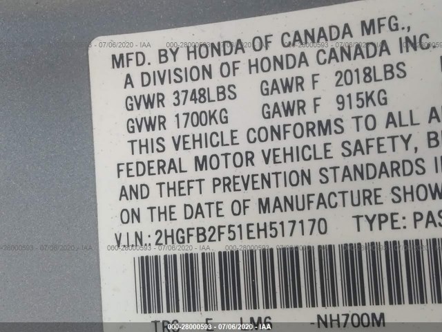 Photo 8 VIN: 2HGFB2F51EH517170 - HONDA CIVIC SEDAN 