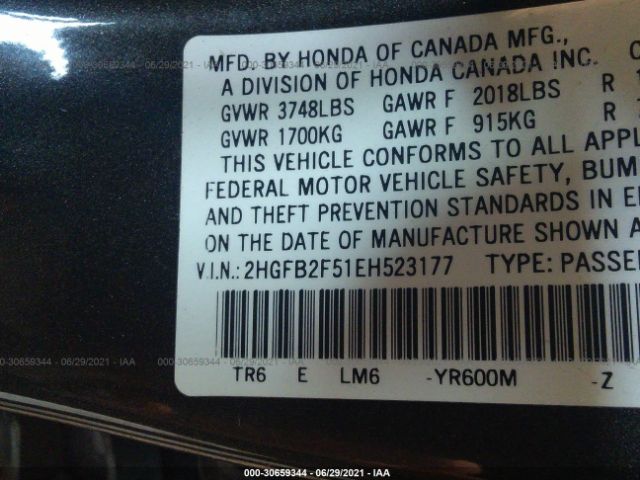 Photo 8 VIN: 2HGFB2F51EH523177 - HONDA CIVIC SEDAN 