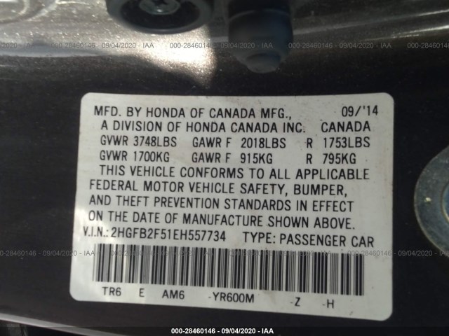 Photo 8 VIN: 2HGFB2F51EH557734 - HONDA CIVIC SEDAN 