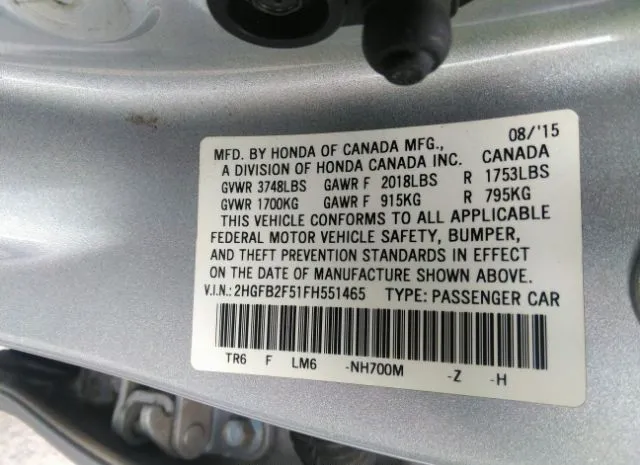 Photo 8 VIN: 2HGFB2F51FH551465 - HONDA CIVIC SEDAN 