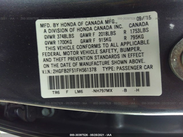 Photo 8 VIN: 2HGFB2F51FH561378 - HONDA CIVIC SEDAN 