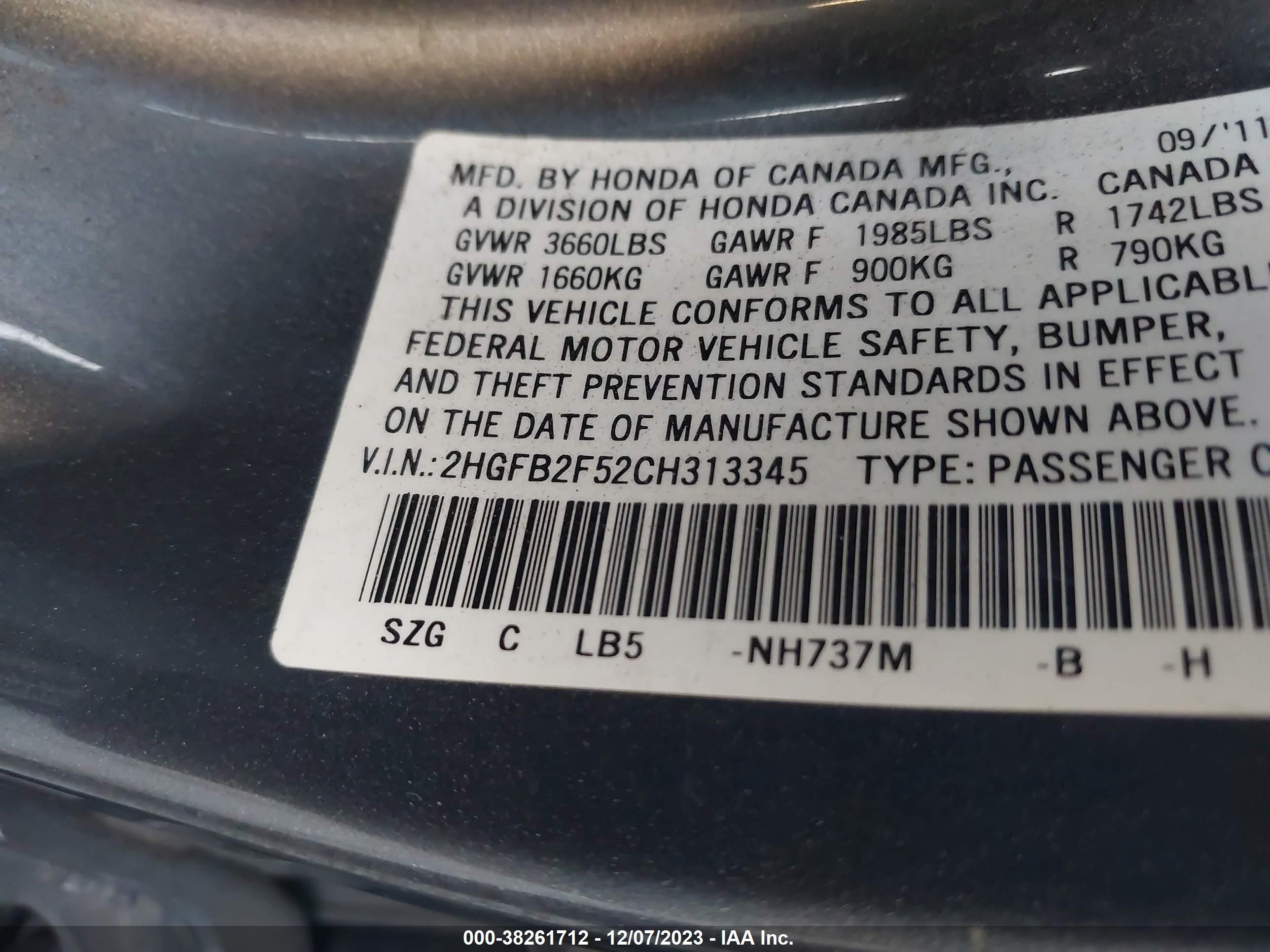 Photo 8 VIN: 2HGFB2F52CH313345 - HONDA CIVIC 