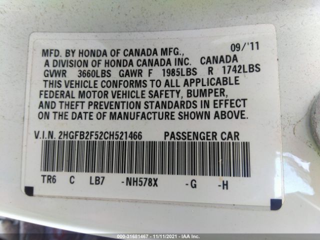 Photo 8 VIN: 2HGFB2F52CH521466 - HONDA CIVIC SDN 