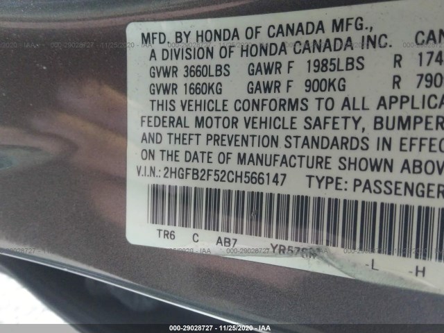 Photo 8 VIN: 2HGFB2F52CH566147 - HONDA CIVIC SDN 