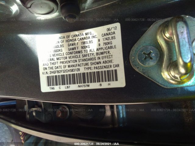 Photo 8 VIN: 2HGFB2F52CH583109 - HONDA CIVIC SDN 