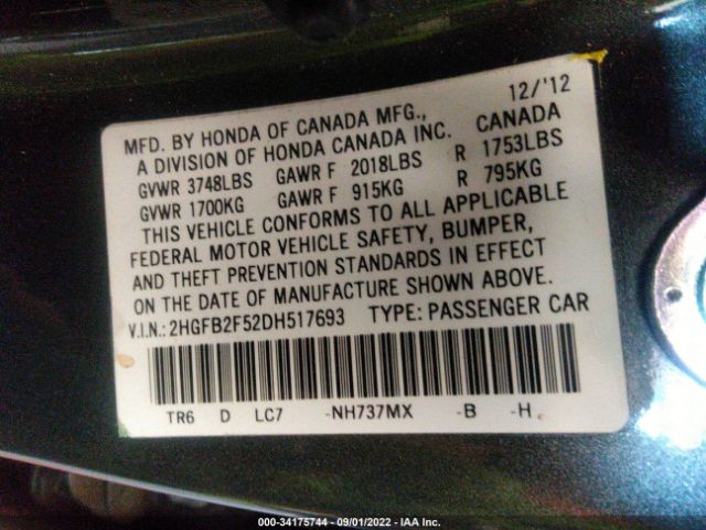 Photo 8 VIN: 2HGFB2F52DH517693 - HONDA CIVIC SDN 