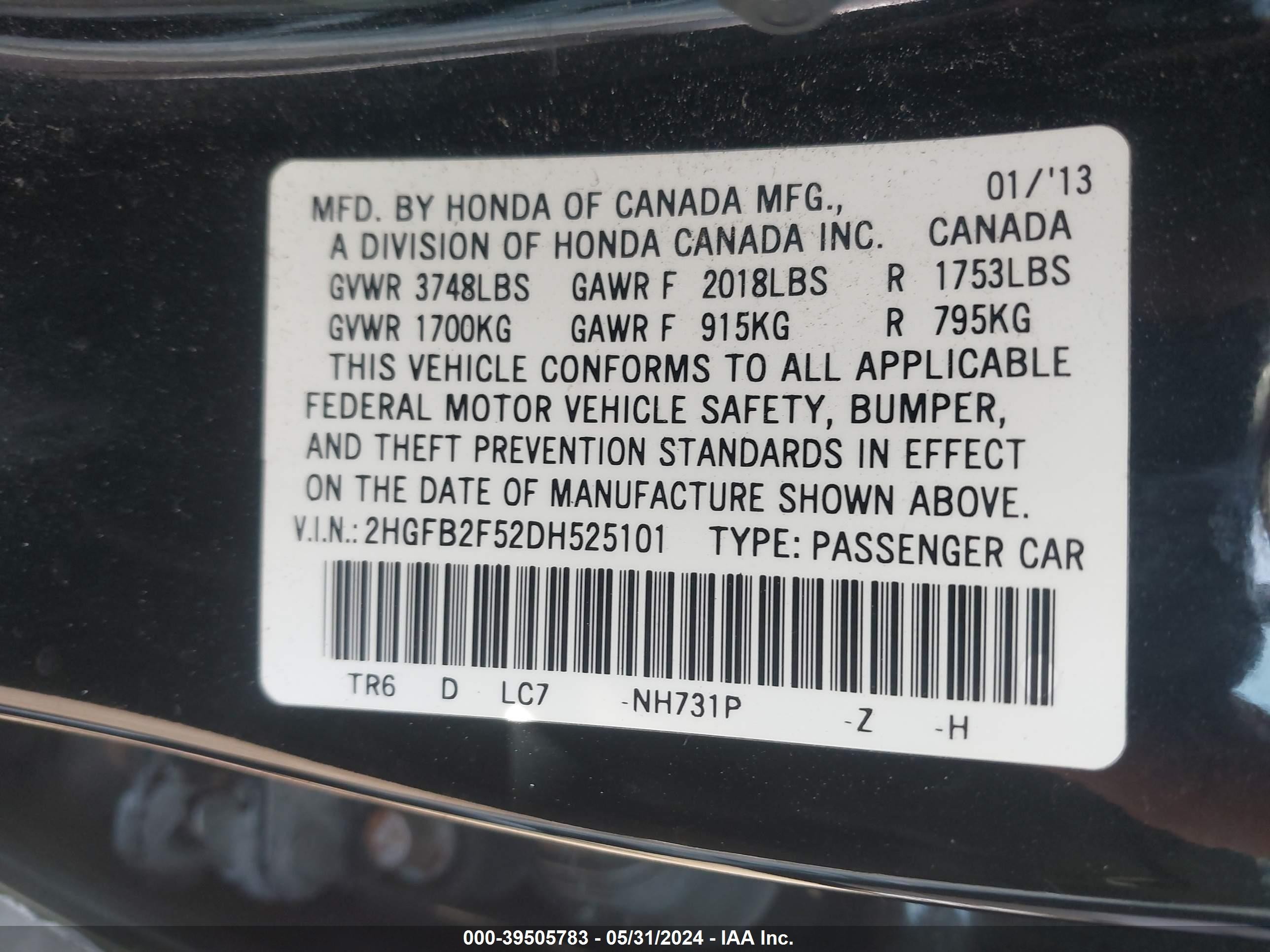 Photo 8 VIN: 2HGFB2F52DH525101 - HONDA CIVIC 