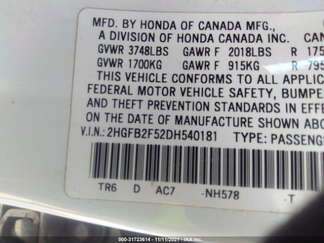 Photo 8 VIN: 2HGFB2F52DH540181 - HONDA CIVIC SDN 