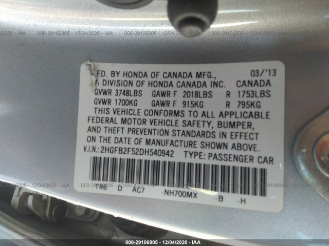 Photo 8 VIN: 2HGFB2F52DH540942 - HONDA CIVIC SDN 