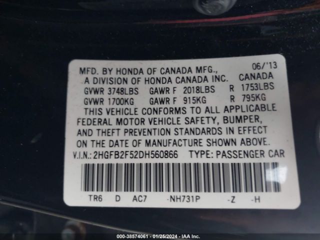 Photo 8 VIN: 2HGFB2F52DH560866 - HONDA CIVIC 