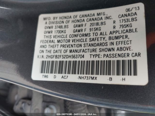 Photo 8 VIN: 2HGFB2F52DH563704 - HONDA CIVIC 