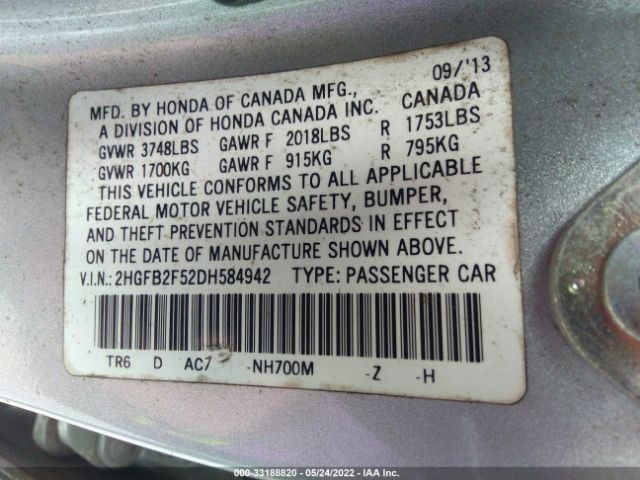 Photo 8 VIN: 2HGFB2F52DH584942 - HONDA CIVIC SDN 