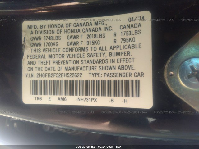 Photo 8 VIN: 2HGFB2F52EH522622 - HONDA CIVIC SEDAN 