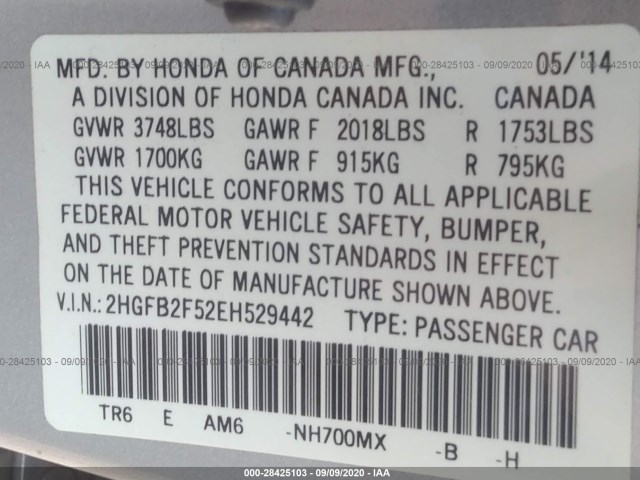 Photo 8 VIN: 2HGFB2F52EH529442 - HONDA CIVIC SEDAN 