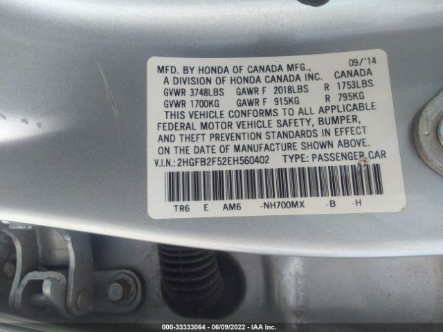 Photo 8 VIN: 2HGFB2F52EH560402 - HONDA CIVIC SEDAN 