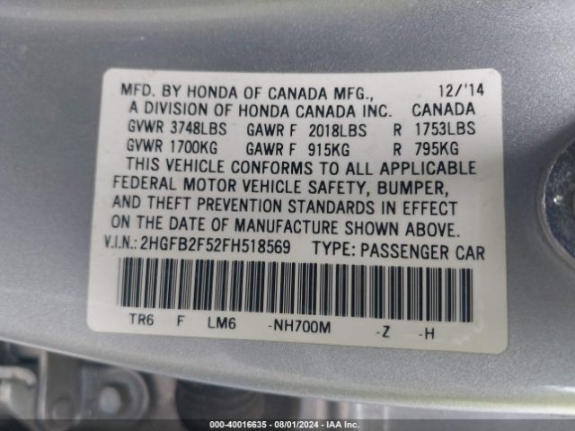 Photo 8 VIN: 2HGFB2F52FH518569 - HONDA CIVIC 