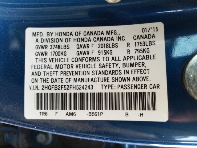 Photo 9 VIN: 2HGFB2F52FH524243 - HONDA CIVIC LX 