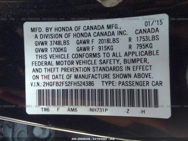 Photo 8 VIN: 2HGFB2F52FH524386 - HONDA CIVIC SEDAN 